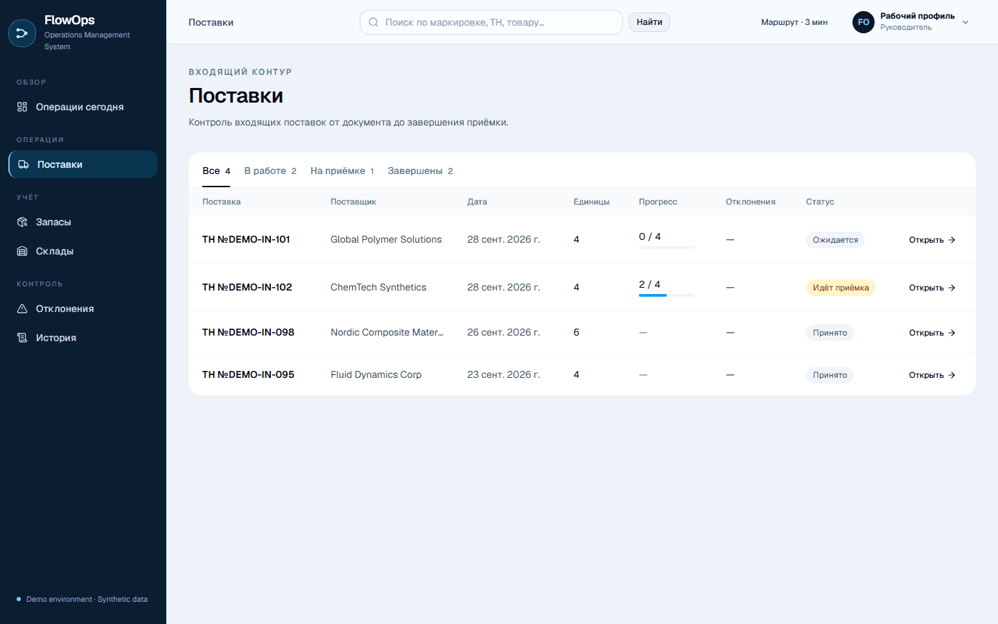 Экран проекта Поставки