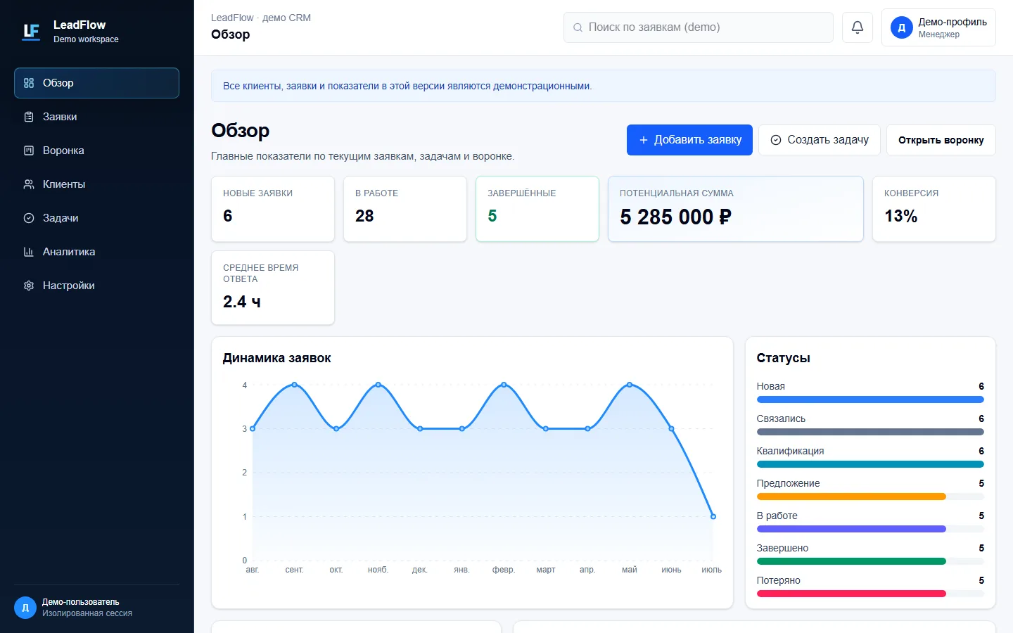 LeadFlow — мини-CRM для заявок - Dashboard